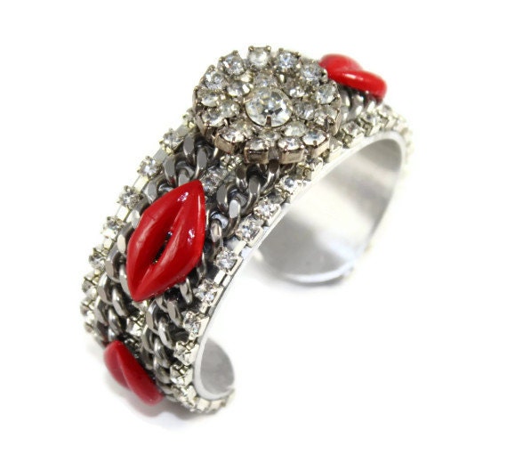 One of a Kind Rhinestones and Red Lips Valentines Day Cuff Bracelet