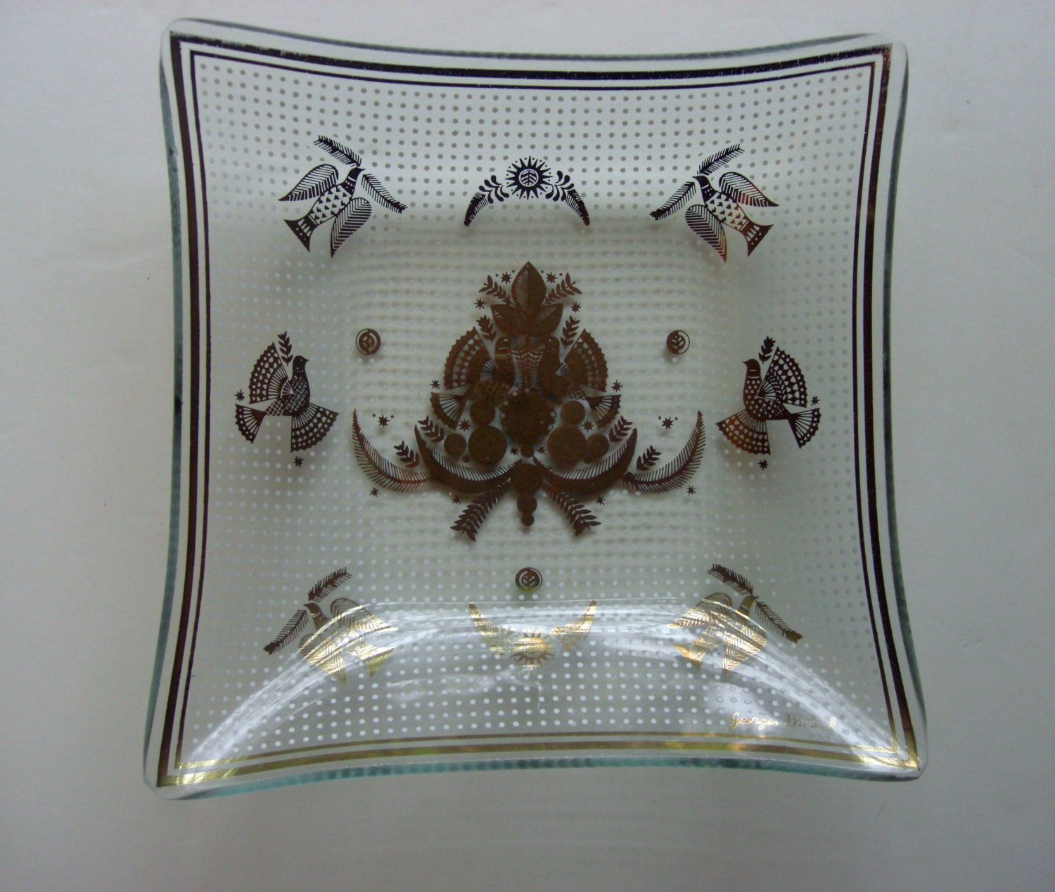 Georges Briard  Gold White Square Candy Dish - Dove and Olive Branch White Pin Dots