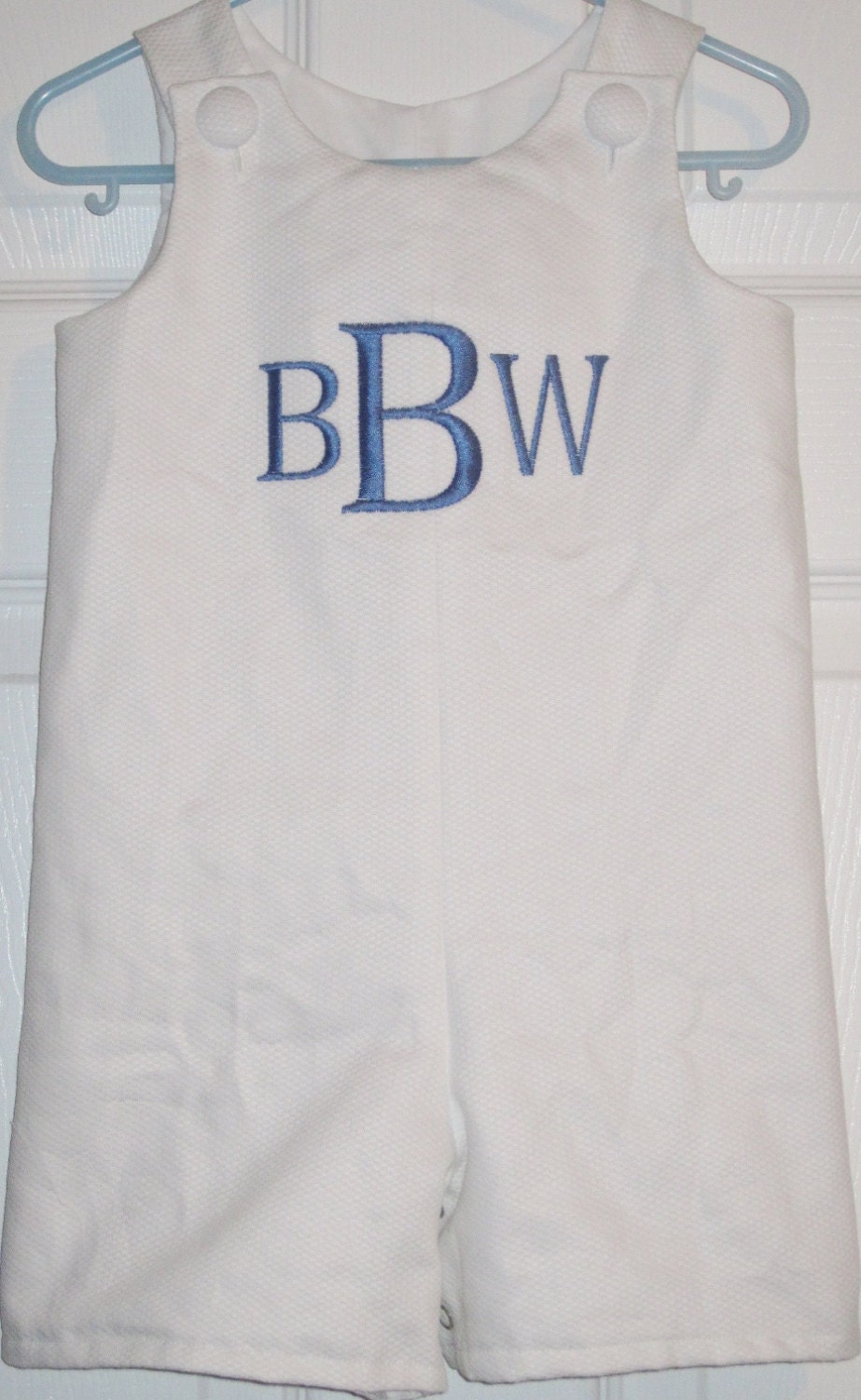 White Birdseye Pique Custom Monogrammed Shortall Jon Jon Newborn, 3m, 6m, 9m, 12m, 18/24m, 2t, 3t