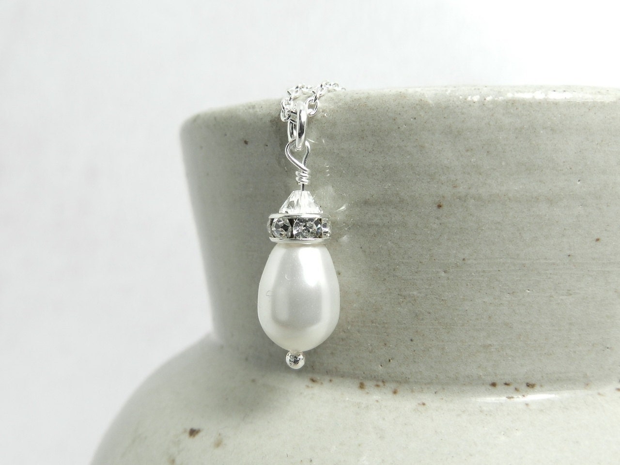 White Pearl Pendant Necklace Bridesmaid Jewelry- Swarovski Teardrop Pearl Drop w Rhinestones