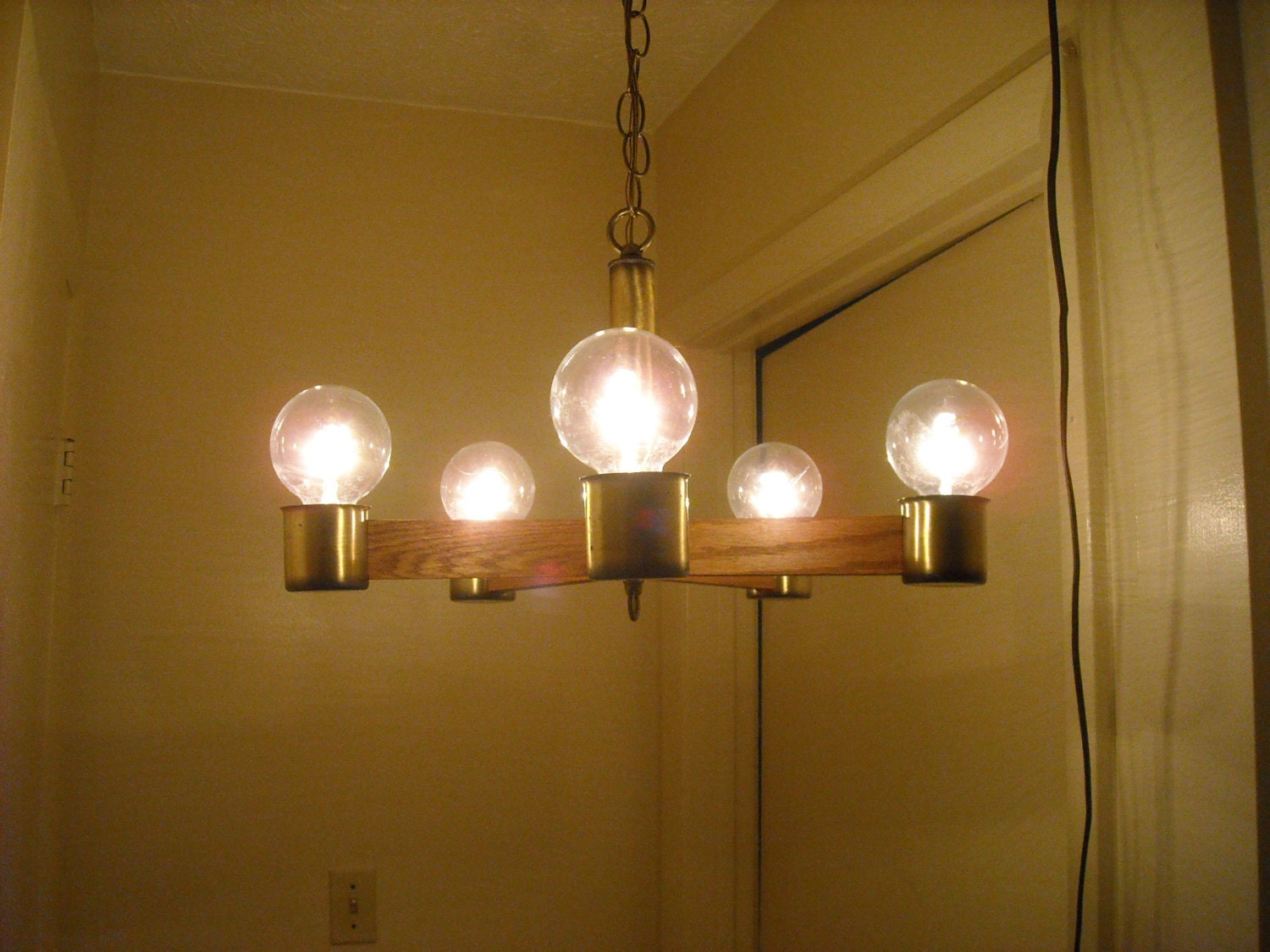 Mid Century Oak And Burnished Brass 5 Arm Chandelier Danish Modern Wood Hanging Lamp
