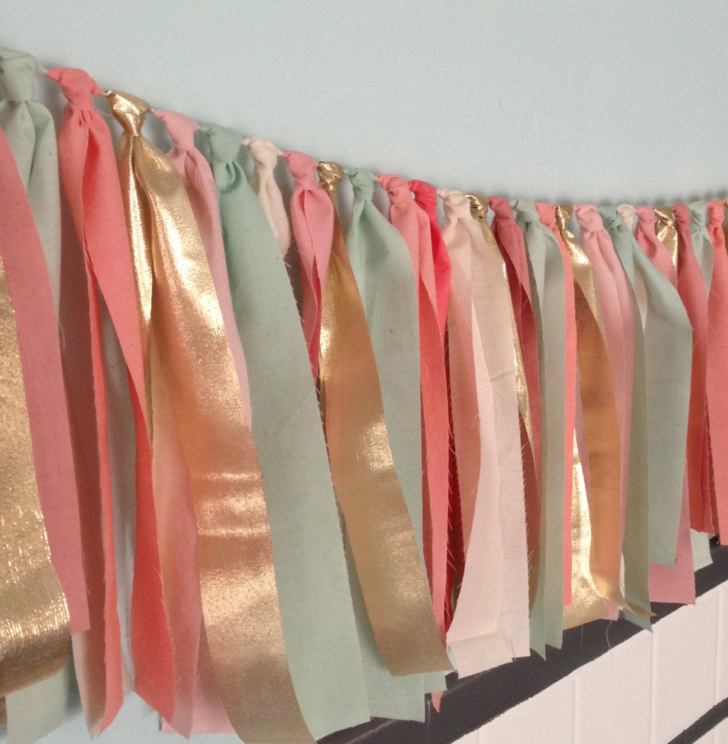 Multicolored Springtime Hand dyed Fabric "rag" garland in mint seafoam green, coral peach, pink blush and gold