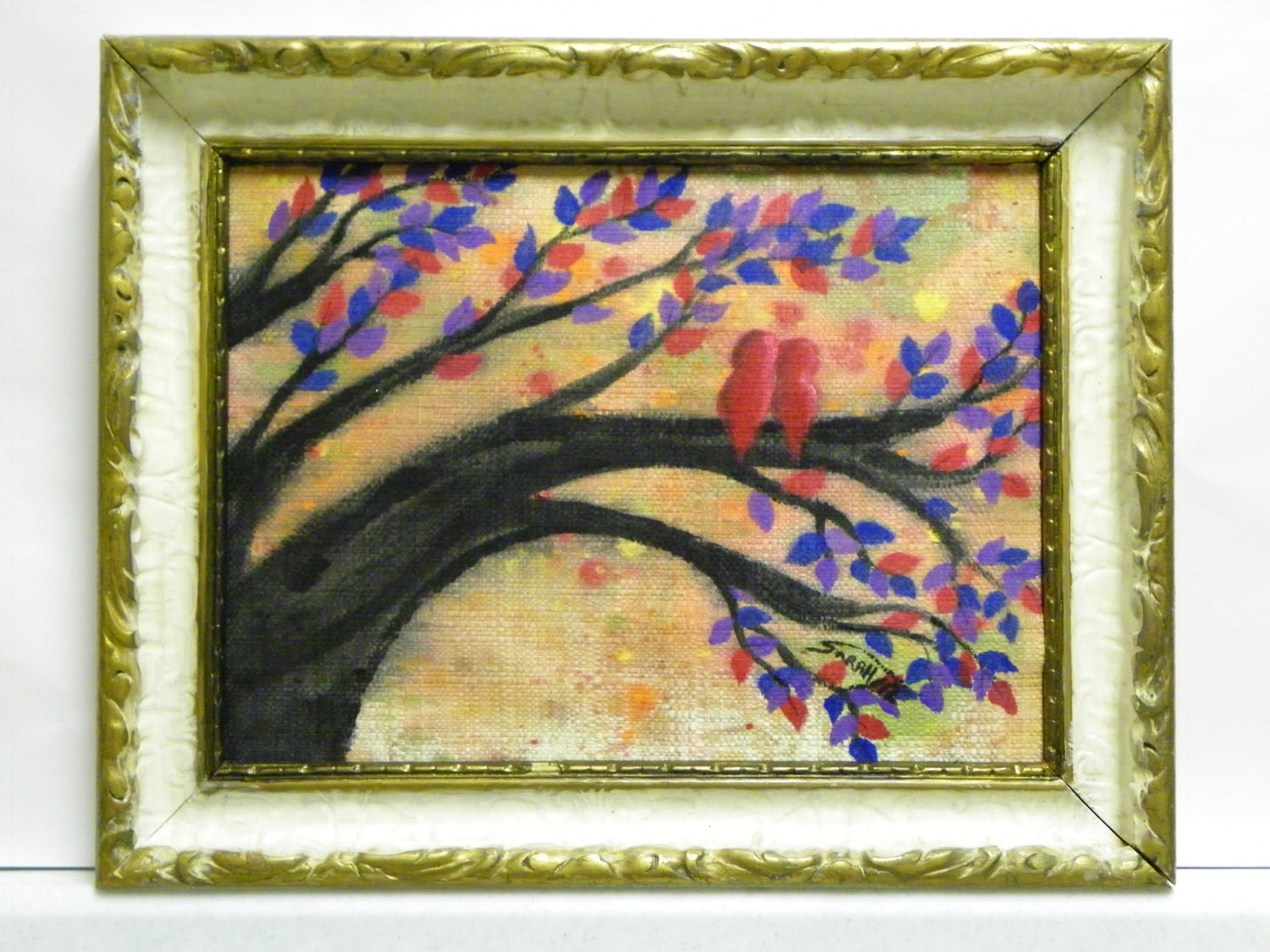 Unique Wedding Gift for Couples - Love Birds In A Tree Painting, Unique Engagement Gift, Abstract Whimsical Bird Wall Art