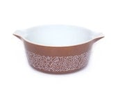 Vintage Woodland Pyrex Dish Brown White Wild Flower Floral Pattern Handled Mixing Casserole Bowl Corning Ware