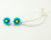 Blue Flower Ear Cuff / daisy earcuff / stud earrings / ear cuff set with chain