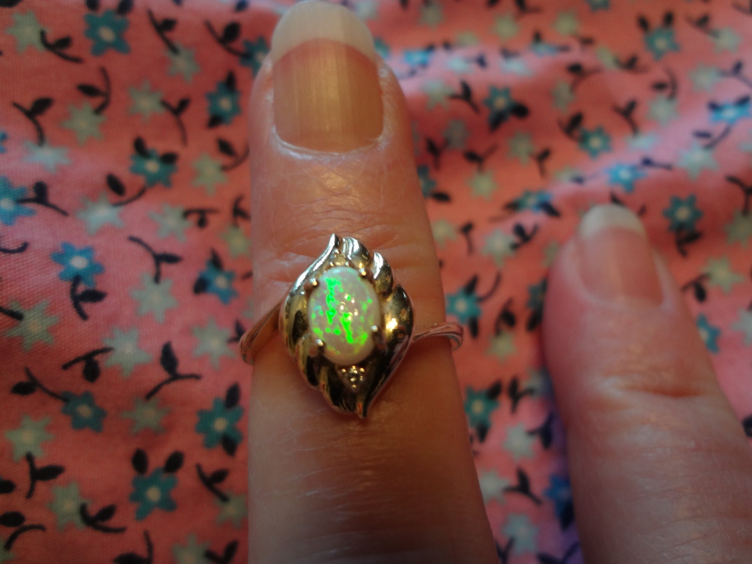 14k Opal Ring Diamonds Gold Fire Green Pink Sparkler European 585 Yellow Gold Band Size 7