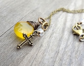 Sunshine Yellow Chalcedony Bronze Wire Wrap Pendant handmade Necklace with Cross and crystal bead charm Christian Religious Jewelry