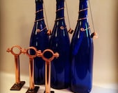 Set of 3 Cobalt Blue Wine Bottle Tiki Torch Lanterns - Tiki Torch, Hurricane Lamp, Night Light, Hanging Lantern, Oil Lamp