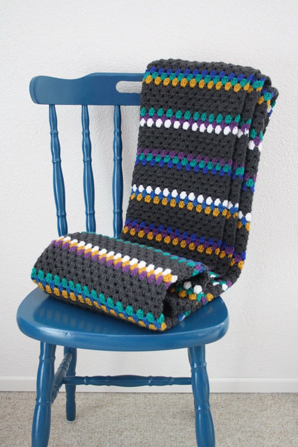 Crochet granny stripe blanket: mustard, green, purple, blue, white