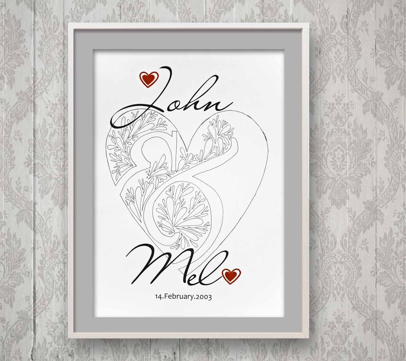 Hand Drawn Wedding Date, Personalized Date Wedding Print, Anniversary Gift, Love Valentine Gift, Original Ink Drawing Ampersand Illustration