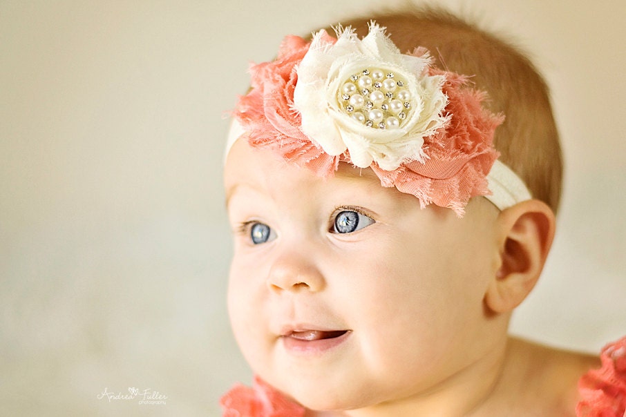 Baby Headband Coral Ivory Vintage Headband Hair Bow Shabby Headband Baby Bows Newborn Headband