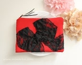 Lace Bow Clutch Black Bows Bag Red Makeup Bag Purse Wallet  Zippered Pouch Iphone Handbag for Women