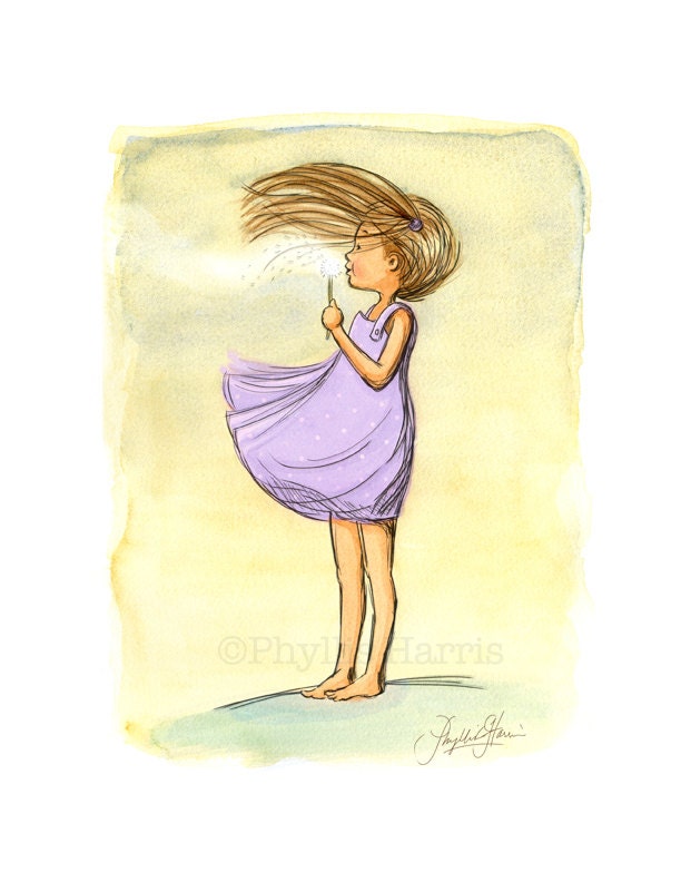 Kids Wall Art - Girl blowing dandelion purple -Make A Wish- Illustration for Girl's purple room decor