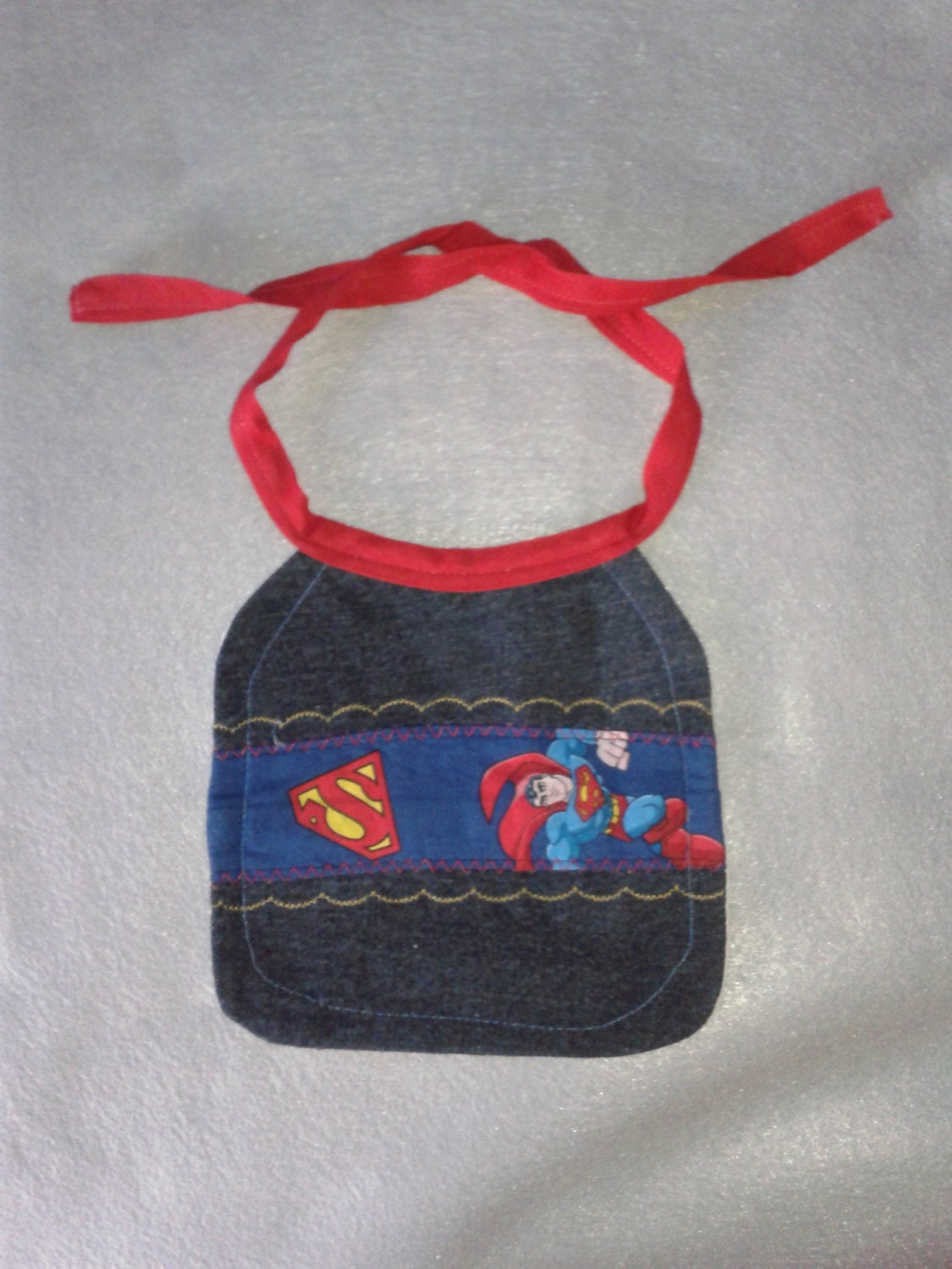 Upcycled Denim Superman Baby Bib OOAK Small sized