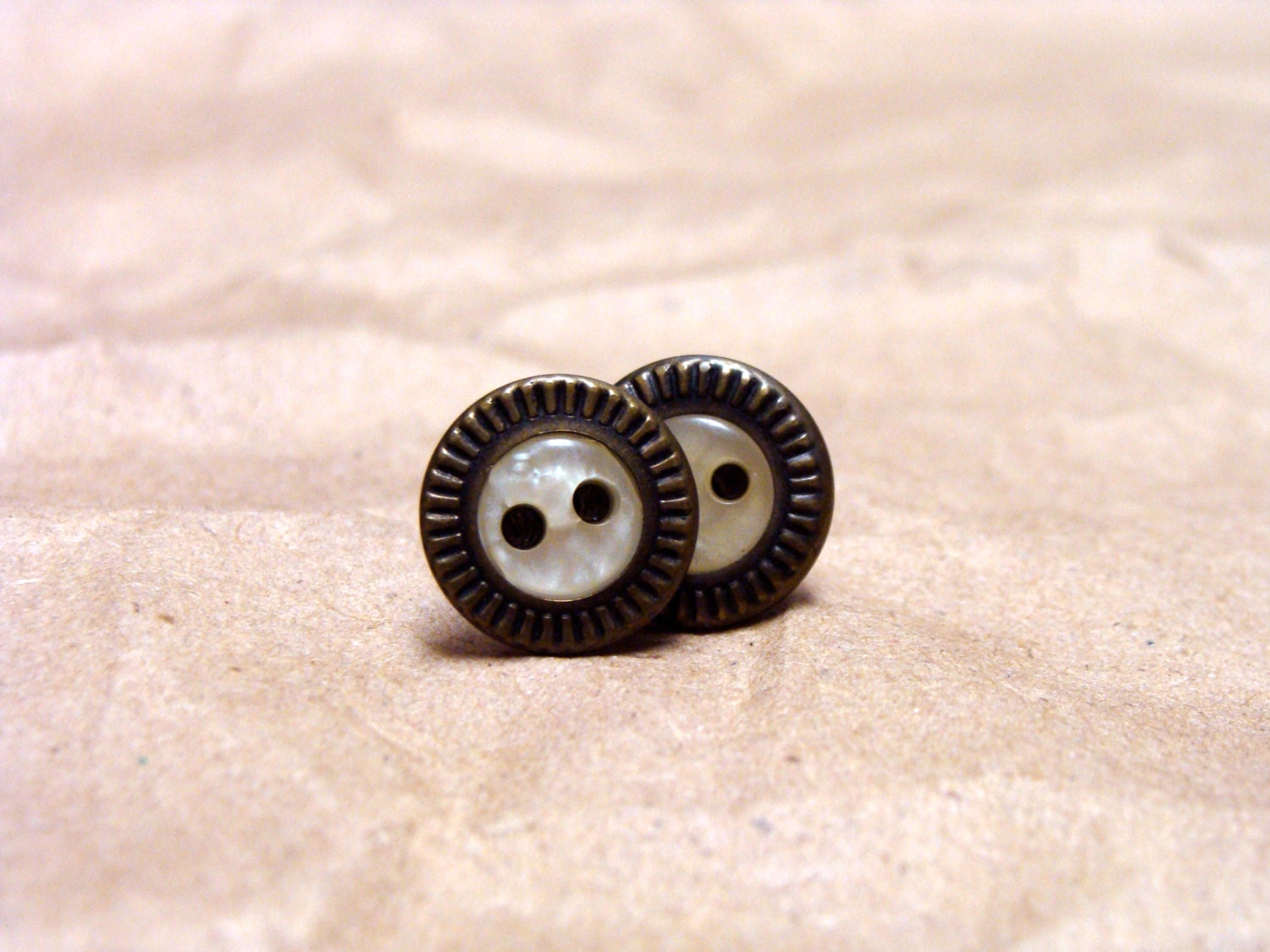 Ivory Bronze Earrings, Cream Studs, Metal Rimmed Cloudy Posts, Vintage Button Jewelry, Classic Studs, Elegant - "Whipped Cream"
