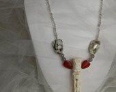 Carved bone Asian pendant necklace w/ carved carnelian & feldspar nuggets beaded jewelry , carved  bone jewelry , handmade gemstone jewelry