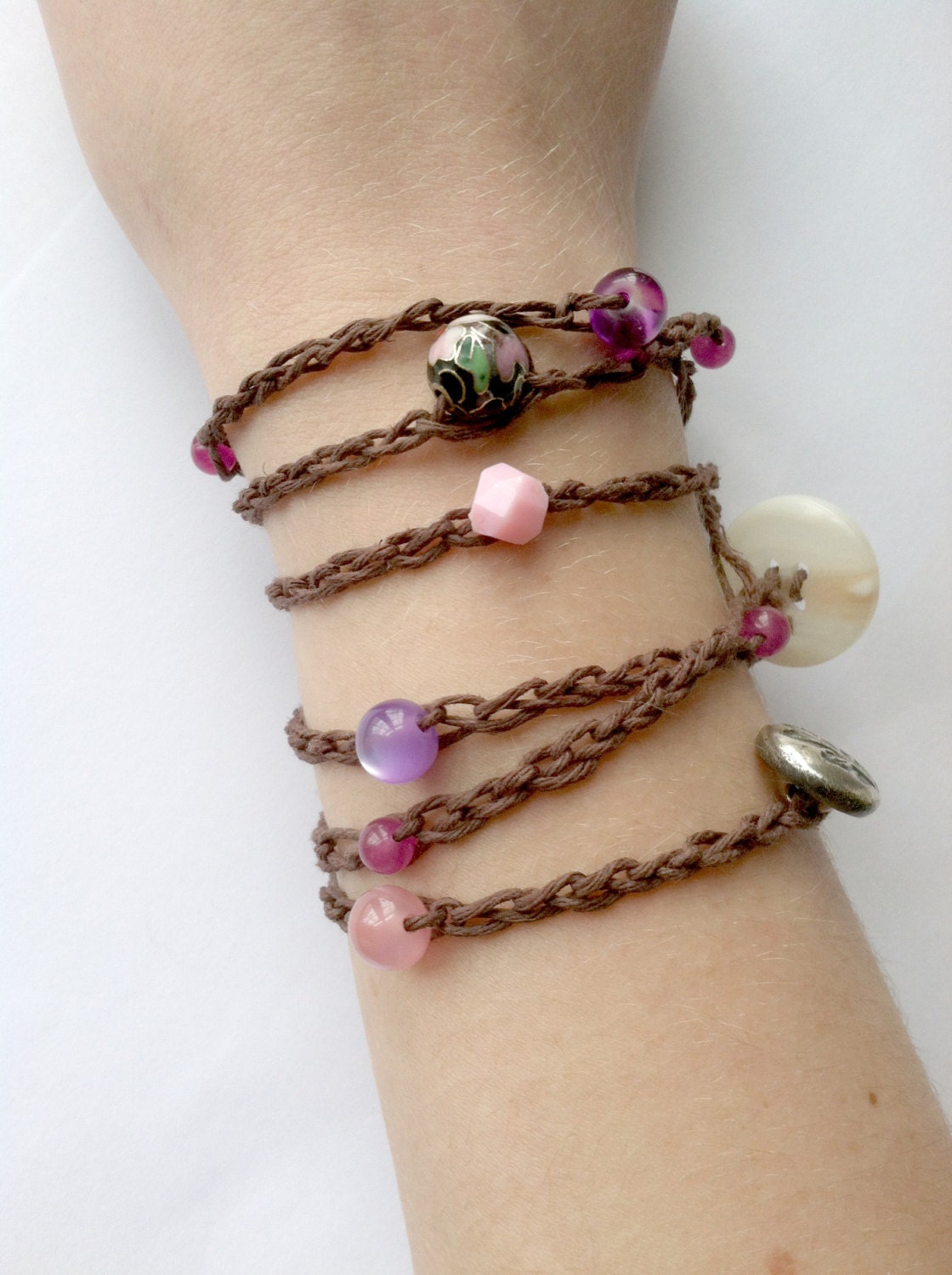 6 Wrap Crochet Bracelet, Boho, Assorted Beads, Hippie Bracelet, Leaf Button, Hand Painted Bead, Surfer Bracelet