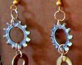 Handmade modern metal dangle industrial hardware earrings, fun urban chic earrings, steel brass & gold plated earrings