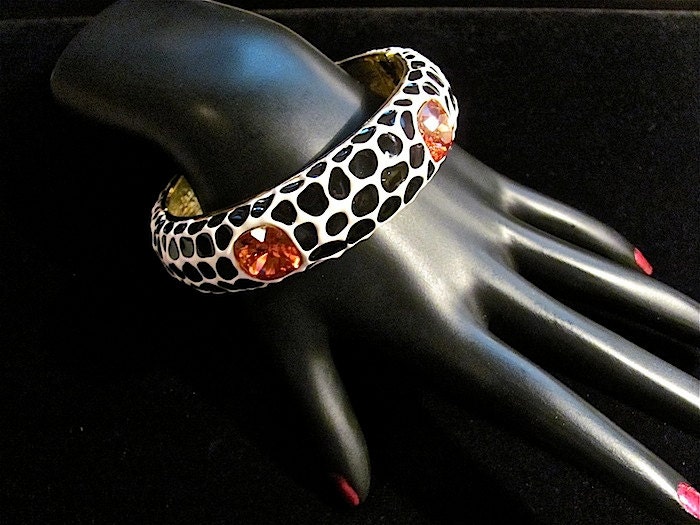 KJL KENNETH J LANE Pink Crystal Black Enamel Animal Print Hinged Bangle Bracelet, Signed