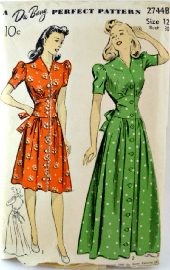 Vintage 40s DuBarry 2744B Pattern Misses One Piece Dress Sleeve and Length Variations Size 12 Bust 30 p2z