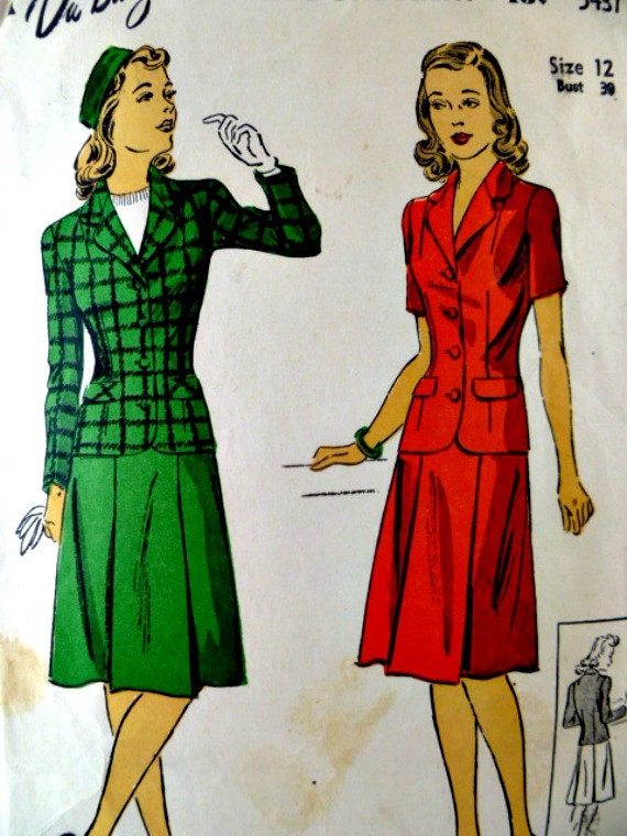 Vintage 40s DuBarry 5437 Pattern Misses Two Piece Suit Dress Sleeve Variations Size 12 Bust 30 p2z