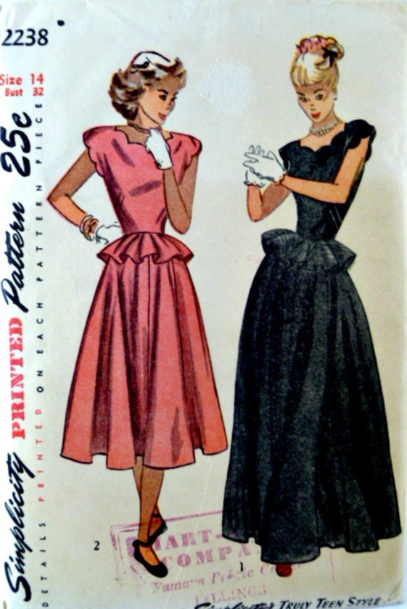 Vintage 40s Simplicity 2238 Pattern Misses One Piece Day Time or Evening Dress with Peplum Uncut Size 14 Bust 32 p2z