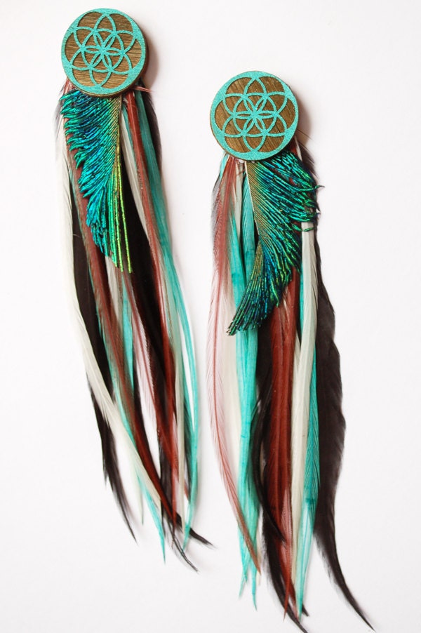 Peacock Feather Stud Earrings with Seed of Life Symbol - Sacred Geometry Lasercut Wood Lightweight