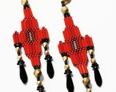 Bold Opaque Red, Black and Gold Geometric Beaded Earrings - Brick Stitch Bohemian Glass Neo Tribal