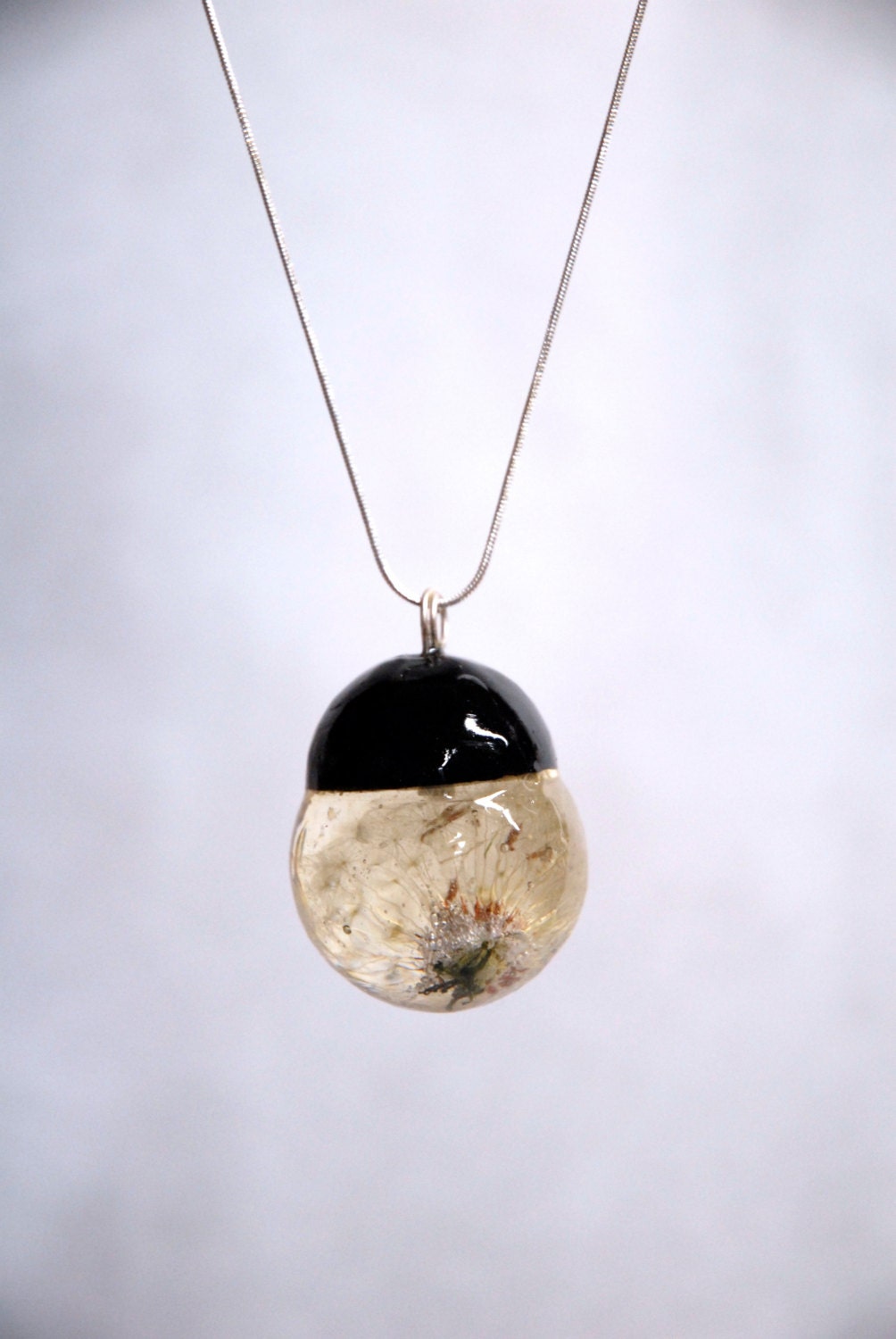 x-large Clear resin with Dandelion pendant on sterling silver snake chain Handmade resin pendant