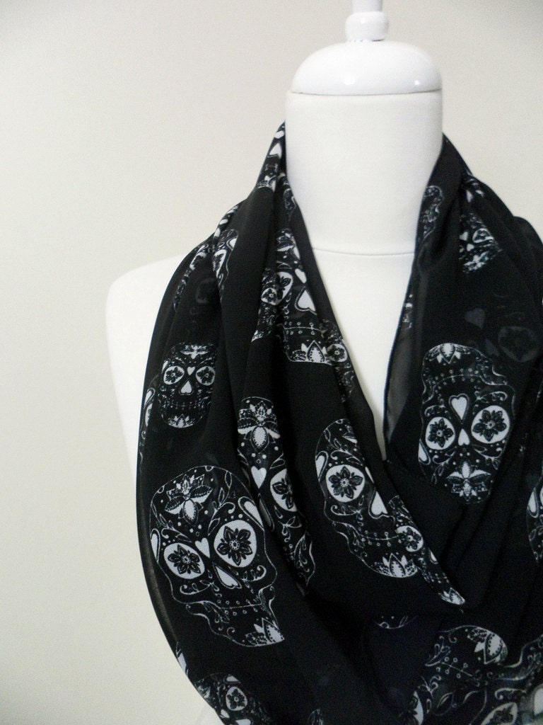 Skull Head Chiffon Infinity scarf, Circle scarf, Loop scarf, Heart Scarves, Tube Scarf, Shawls, spring - fall - winter - summer fashion