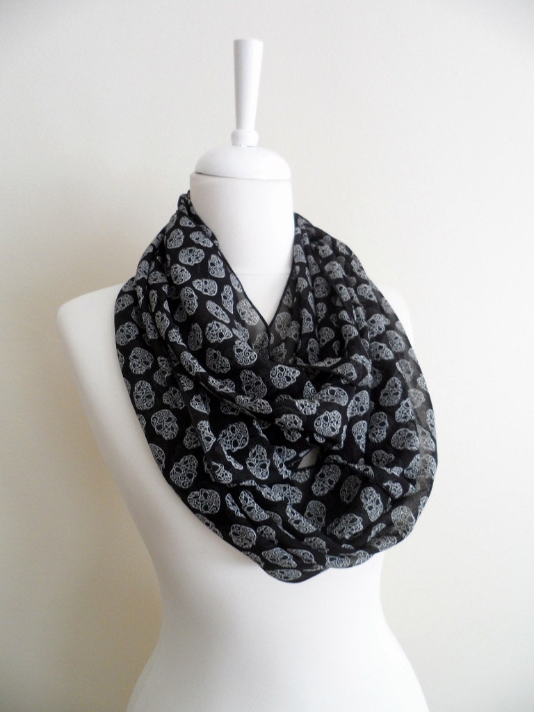 Skull Head Chiffon Infinity scarf, Circle scarf, Loop scarf, Black Scarves, Shawls, spring - fall - winter - summer fashion