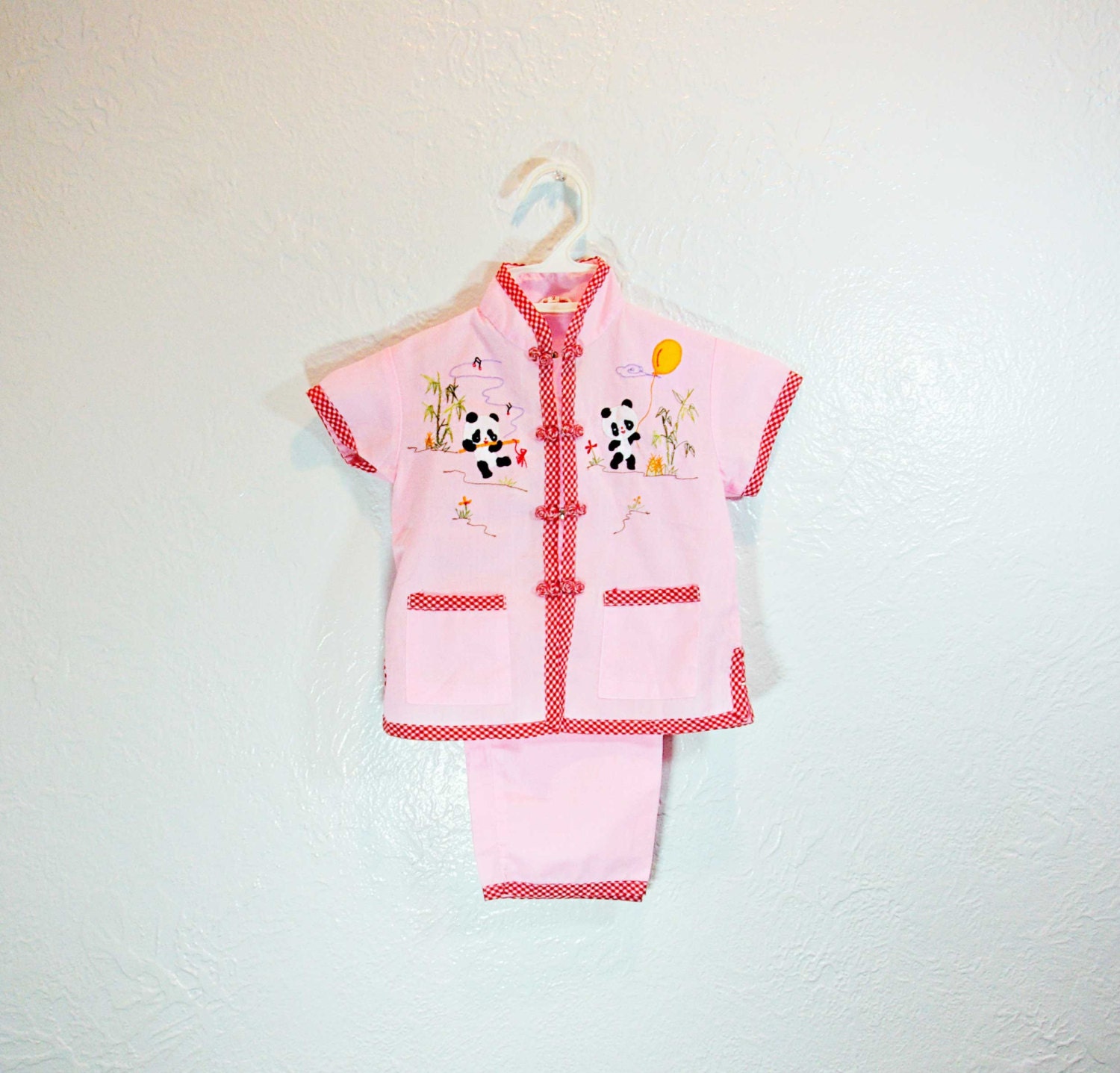Vintage Toddler Girl Pink Panda Outfit, size 2T, red gingham, mandarin collar, short sleeves