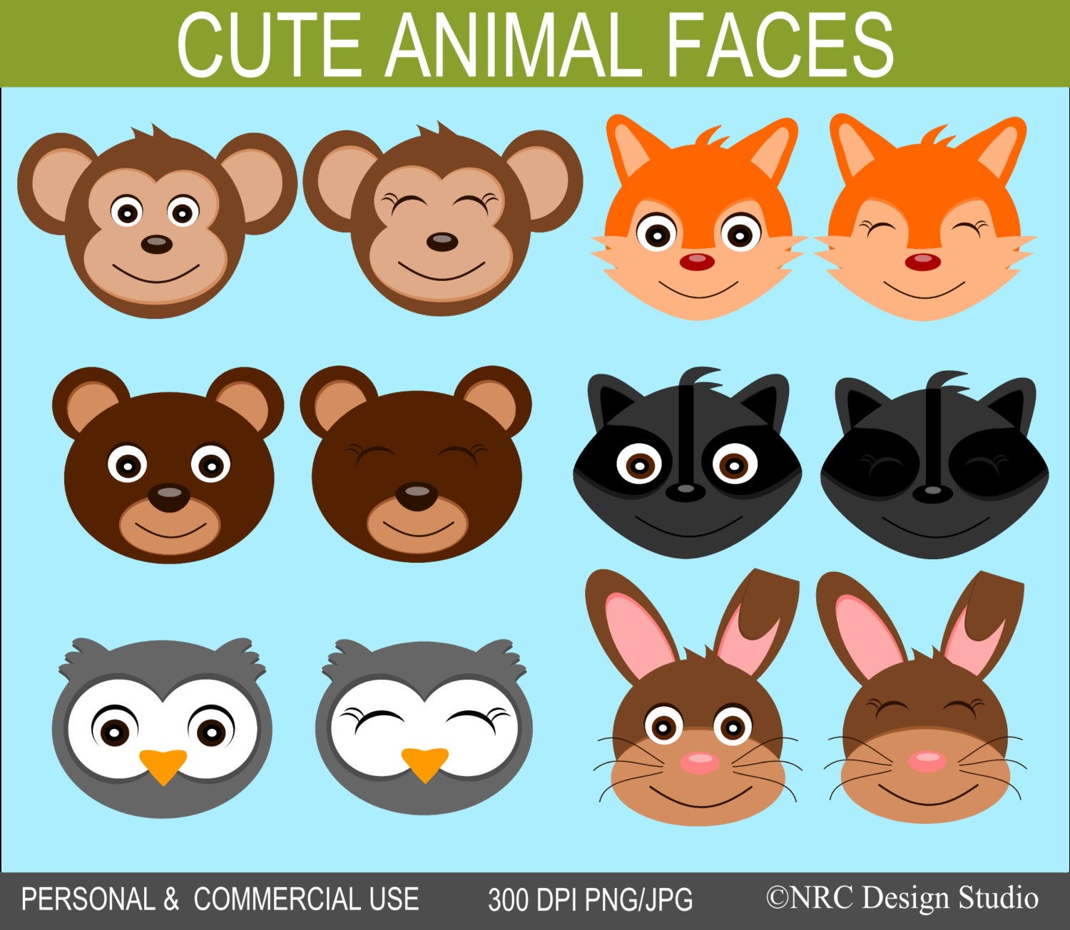 Cute Animal Faces Clip Art Graphics - Digital Clipart Commercial Use - Instant Download Il_170x135