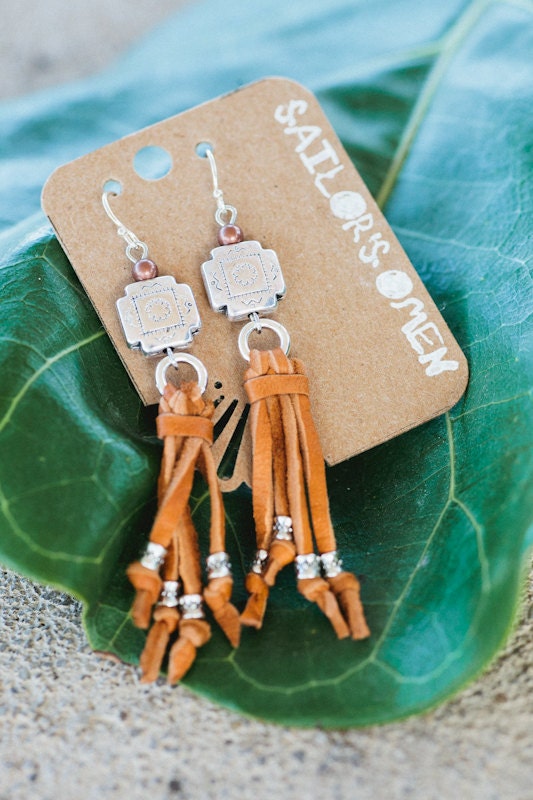 felicity-leather fringe with copper and silver beads earrings