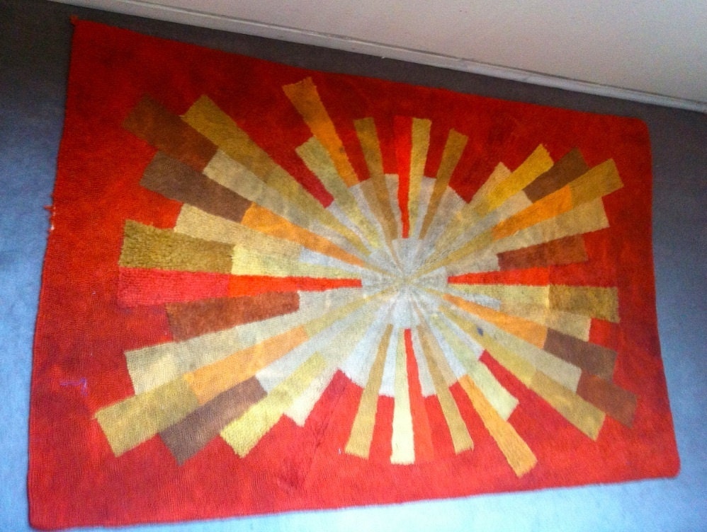 MID CENTURY MODERN Sunburst atomic orange red yellow tapestry rug Rya Eames Ackerman Girard Op Art Rare