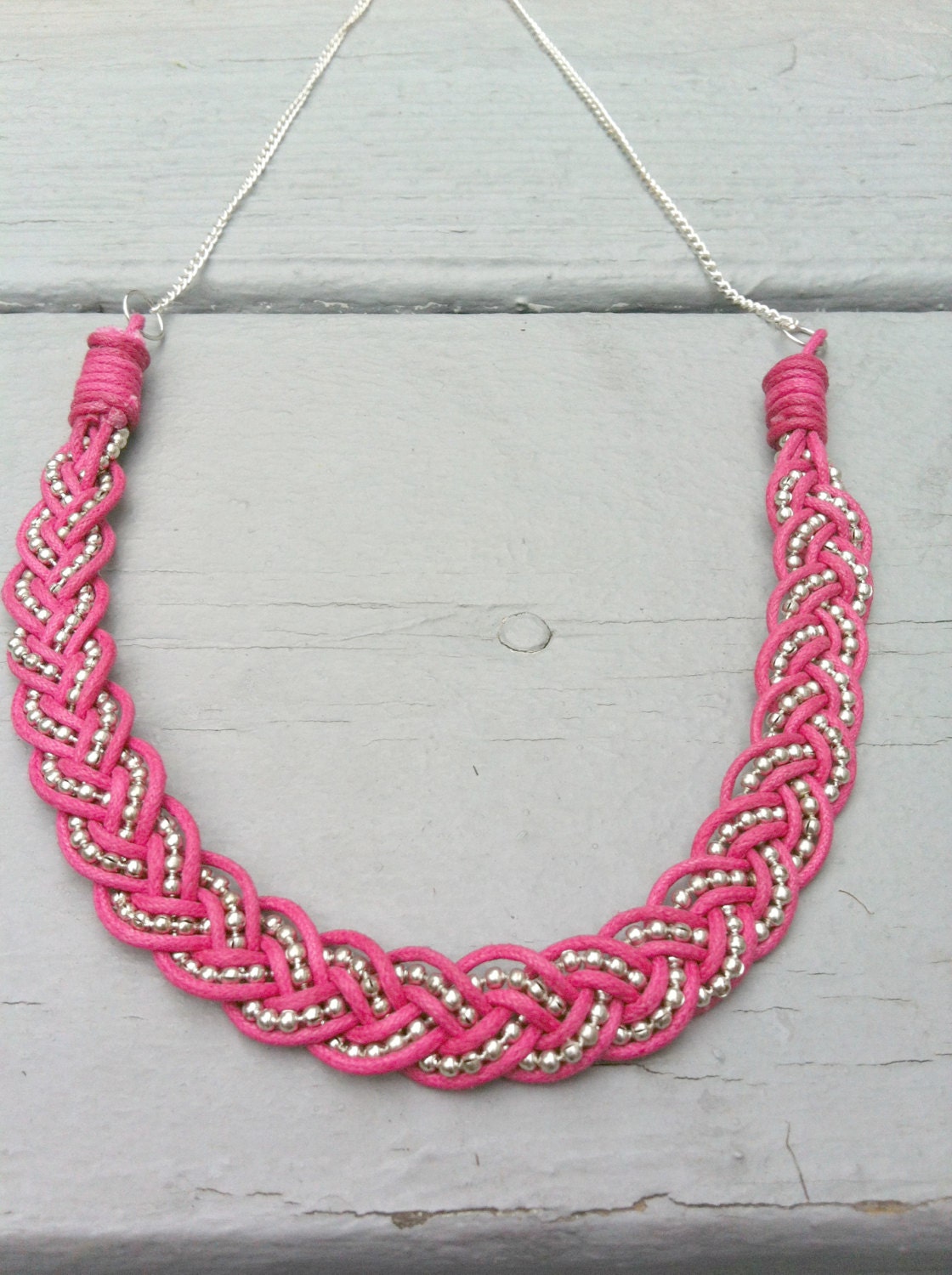 Bright Pink and Silver Braided Statement Necklace