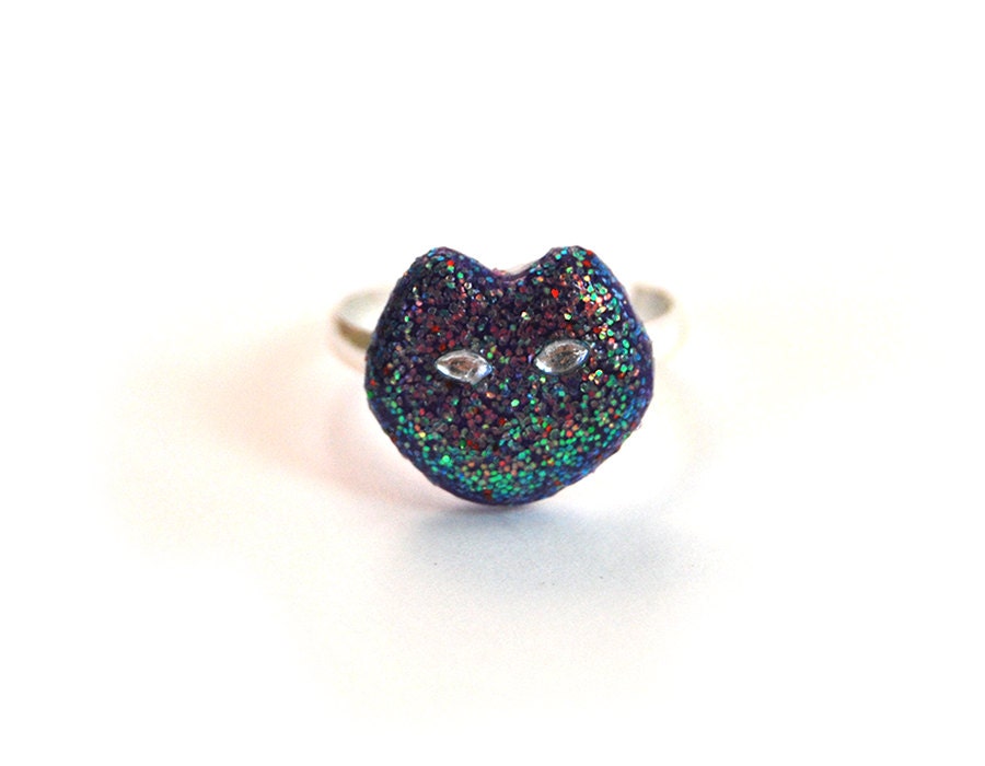 Cat ring, adjustable ring with glitter cat, cute purple cat ring