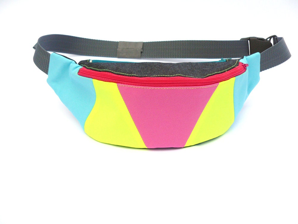 Fanny pack for cyclists hikers runners festival waist bag belt bag hip bag by BartekDesign - blue neon pop pink yellow geometric festival - BartekDesign