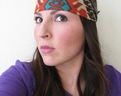 Tribal Head Scarf, Brown, Orange, Teal, Headwrap, fabric tie headband, wide headband