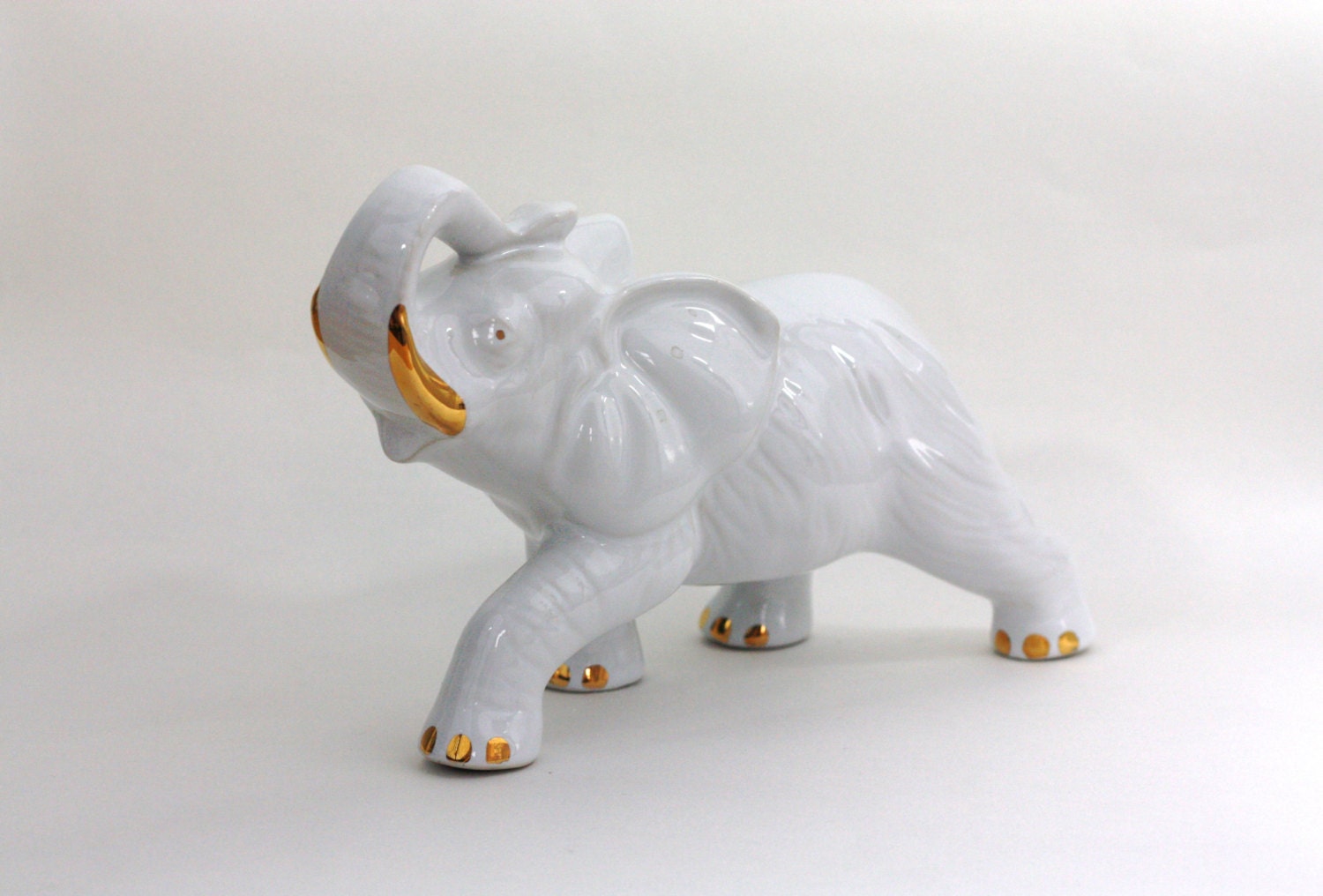 SALE Vintage Elephant Figurine 1960s / Mid Century Porcelain White Gold Elephant Figurine