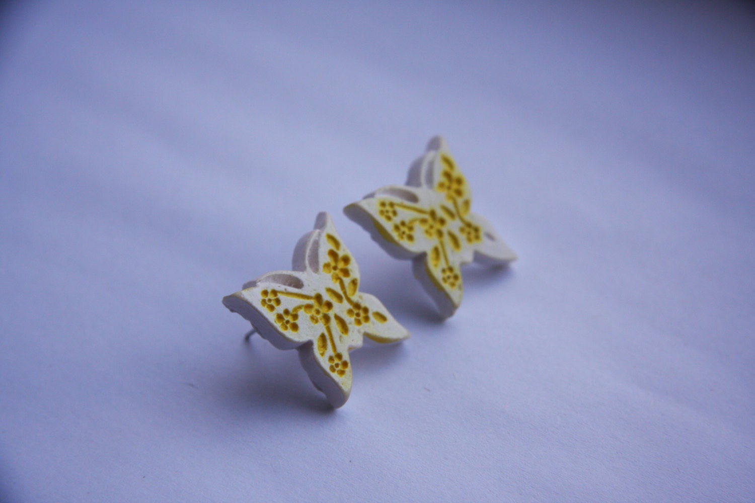Pretty Yellow and White Butterflies, on Silver Plated Posts/Studs Earrings. -High-Set Studs.