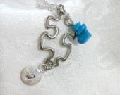 Autism Puzzle Awareness Necklace - silver plated puzzle charm with hand stamped tiny charm and turquoise blue gemstones - awareness jewelry