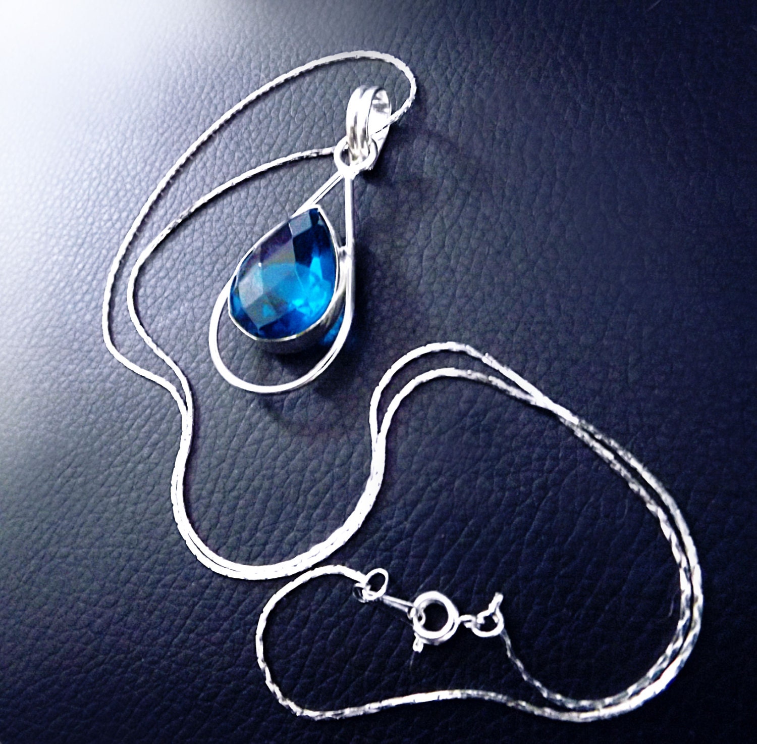 Boho necklace, sterling silver necklace, blue topaz necklace, bohemian necklace, OOAK, blue teardrop necklace, statement necklace