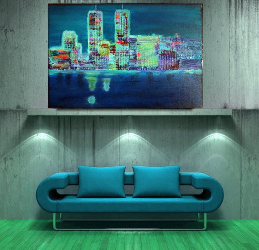 Original Abstract  Acrylic Painting Landscape Painting M.Schöneberg Handmade Collage Art "New York at night" 24x36x1,5 FREE Express Shipping