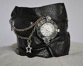 Leather Cuff with watch / Women Handmade Black Leather Wrist Bracelet With Chain and Metal Accessories and Watch / Clock by HocusPocusStudio