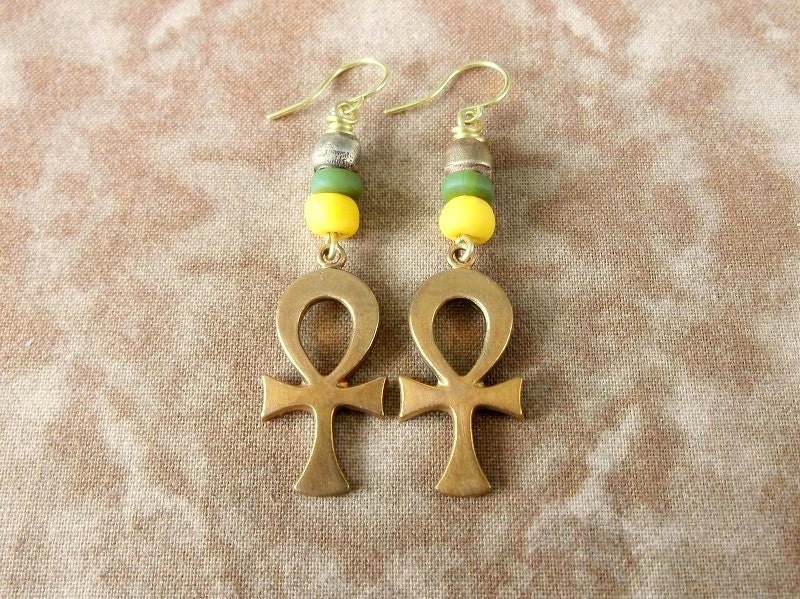 Brass Ankh Earrings Key of Life Earrings - Green Yellow - Boho Jewelry Bohemian Jewelry Hippie Jewelry Ethnic Jewelry Tribal Jewelry