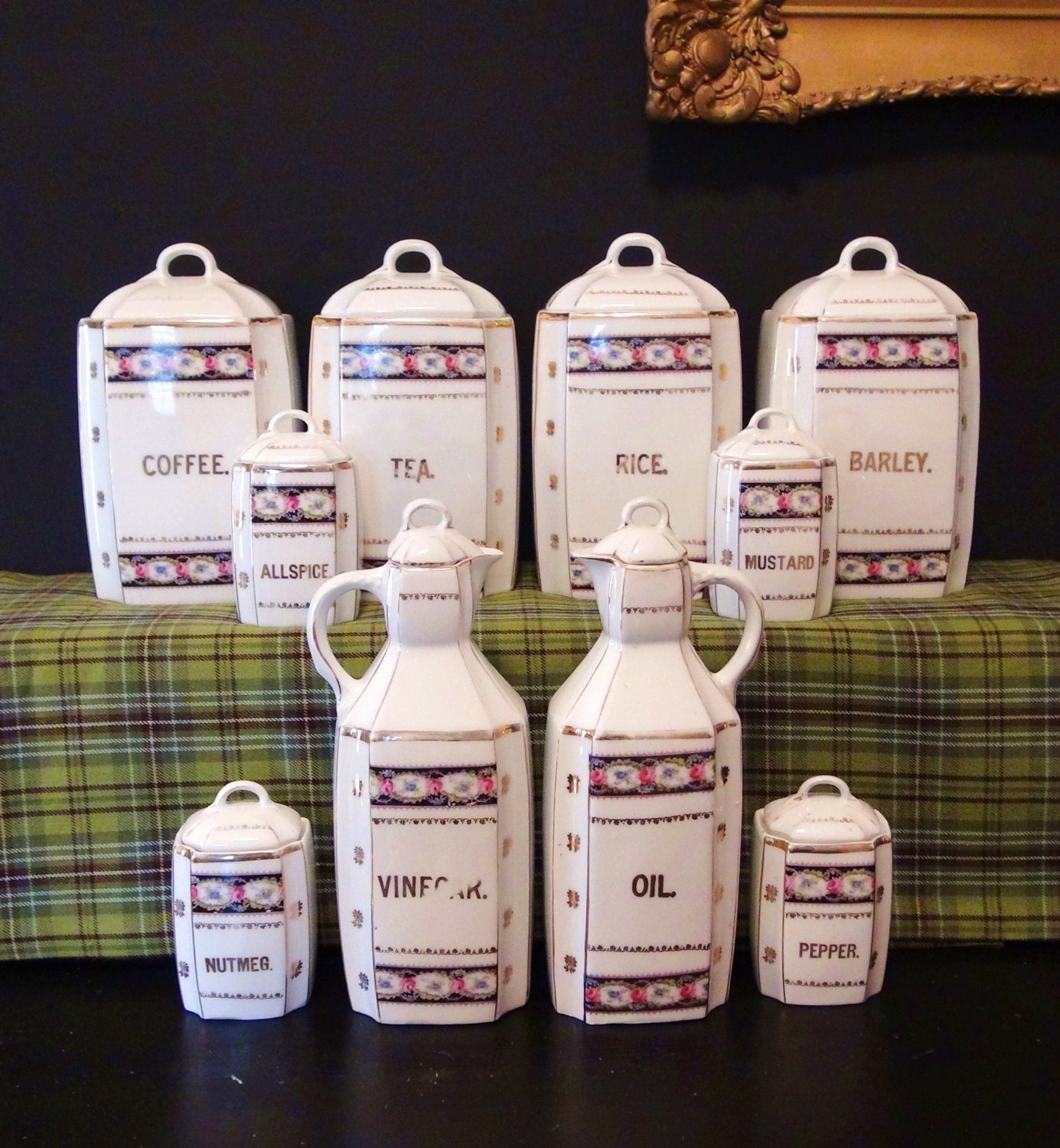Antique 10 pc. German Porcelain Canister Set / Coffee Tea Rice Barley Vinegar Oil Pepper Allspice Nutmeg Mustard