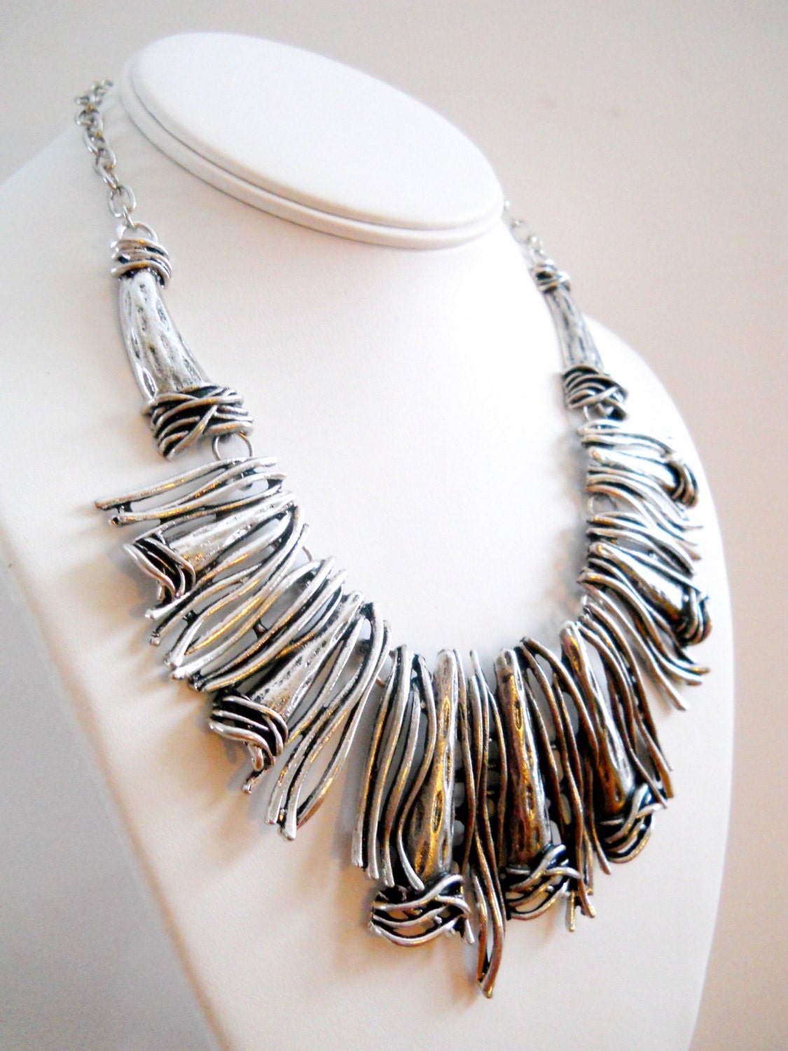 Modernist Bib Necklace Earrings Vintage Abstract Links Silver Tone