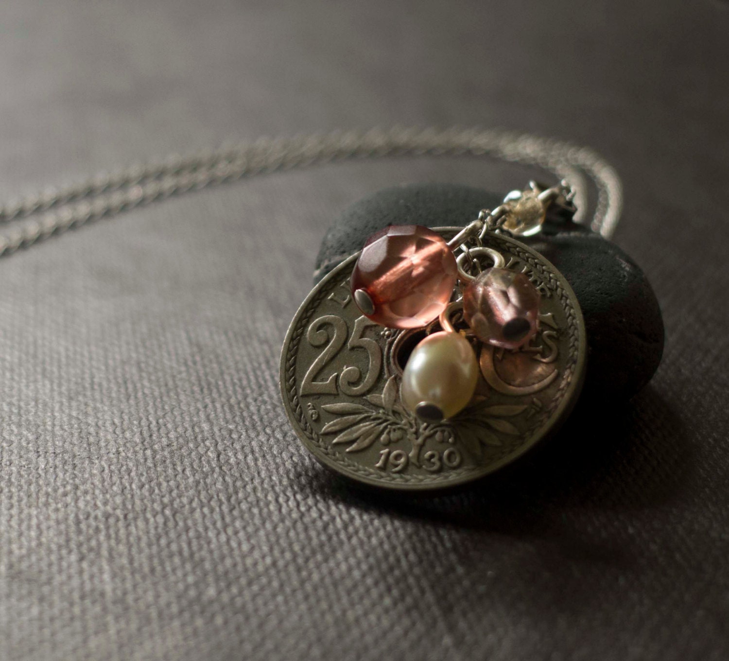 Silver french antique coin necklace, vintage silver jewelry , special occasion, romantic, metal and glass bead necklace