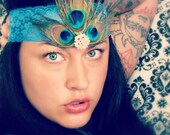 Azure blue lace N peacock feather headband photography prop wedding ladies women girls handmade